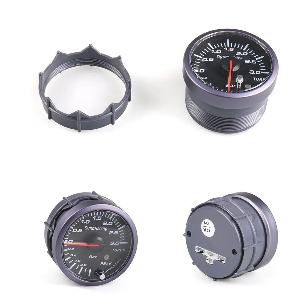 Wskaźnik Doładowania Dynoracing 60mm 3 BAR – LED Biały/Bursztynowy, Alarm Peak, Czujnik Boost, Uniwersalny 12V