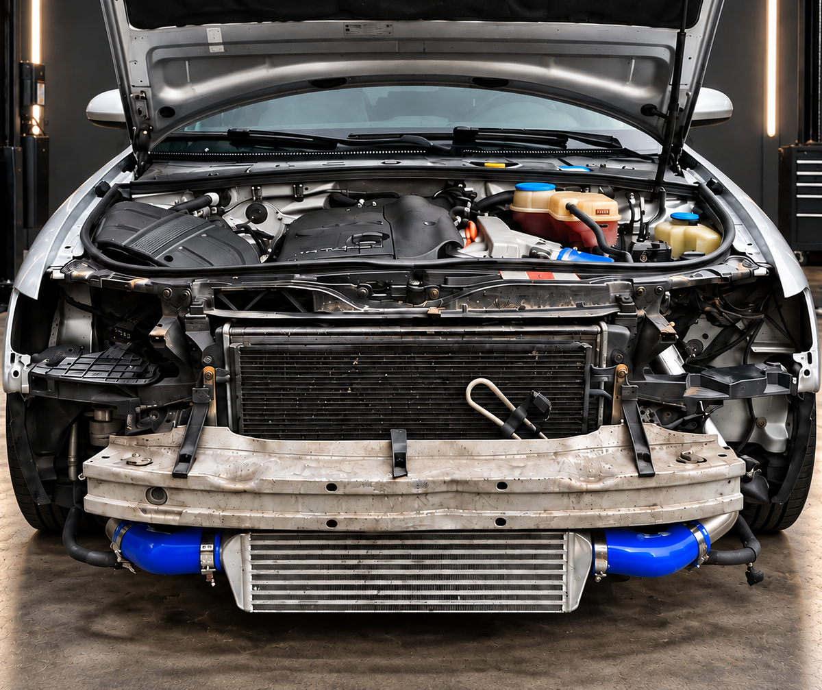 VW Passat B5 FL – montaż FMIC, przód samochodu na tle warsztatu