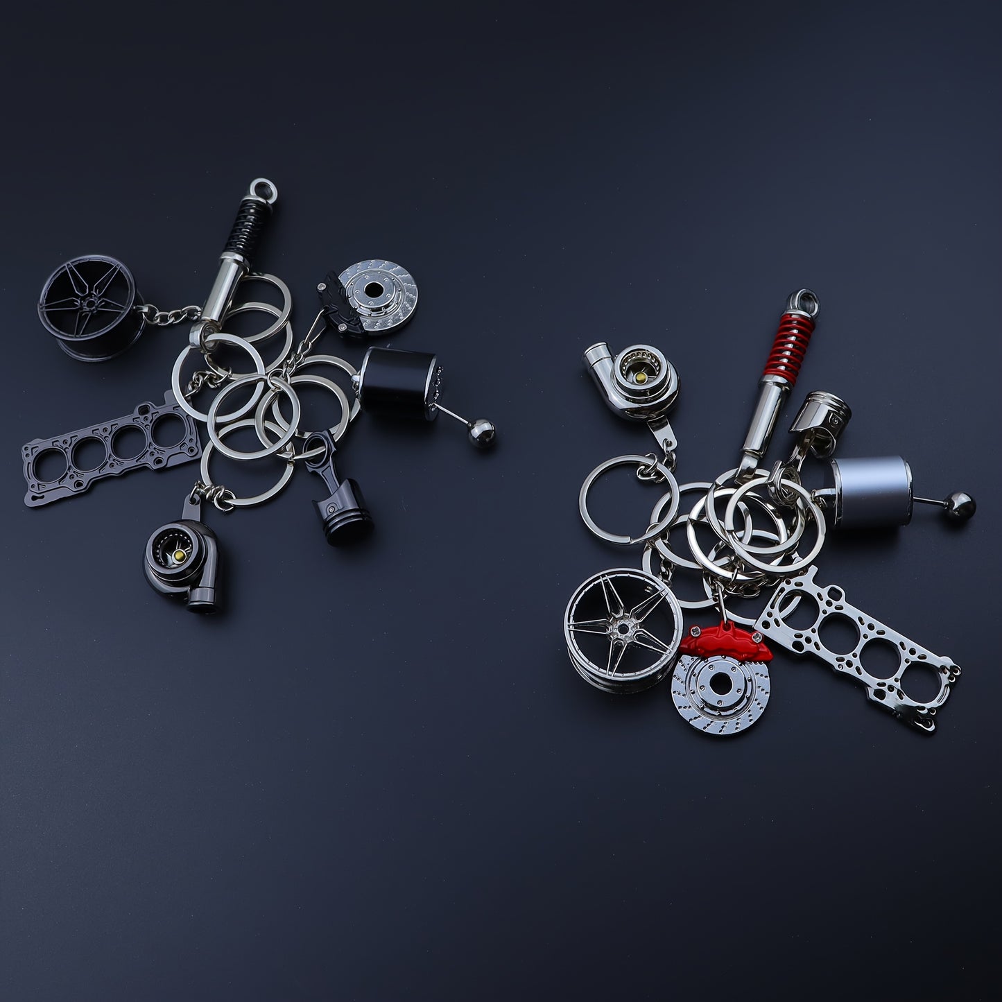 🗝️ 7-częściowy zestaw breloków tuningowych – Piston, Turbo, Wheel Hub, Gear Shift, Shock Absorber, Brake Disc, Engine Block – czarny, zinc alloy
