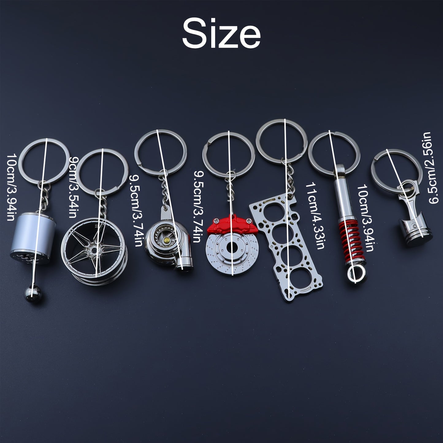 🗝️ 7-częściowy zestaw breloków tuningowych – Piston, Turbo, Wheel Hub, Gear Shift, Shock Absorber, Brake Disc, Engine Block – czarny, zinc alloy