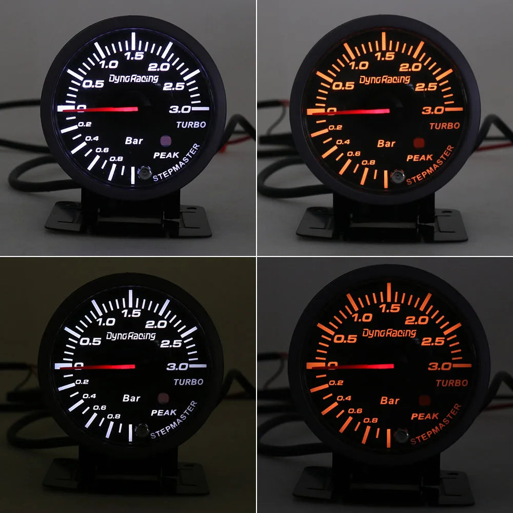 Wskaźnik Doładowania Dynoracing 60mm 3 BAR – LED Biały/Bursztynowy, Alarm Peak, Czujnik Boost, Uniwersalny 12V