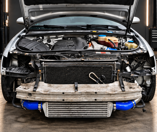 VW Passat B5 FL – montaż FMIC, przód samochodu na tle warsztatu