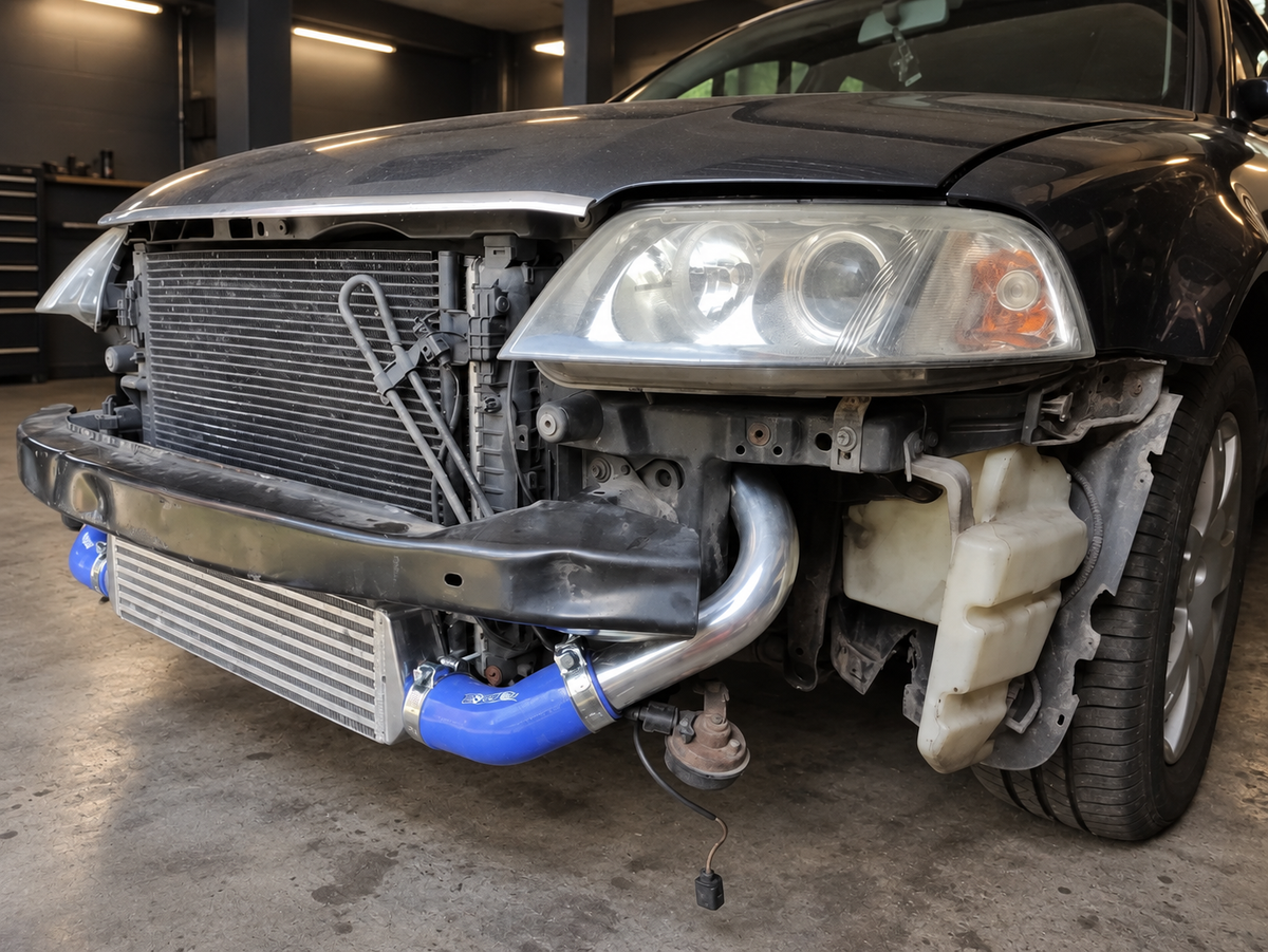 Passat B5 FL 1.9 TDI – montaż intercoolera FMIC, ujęcie z boku